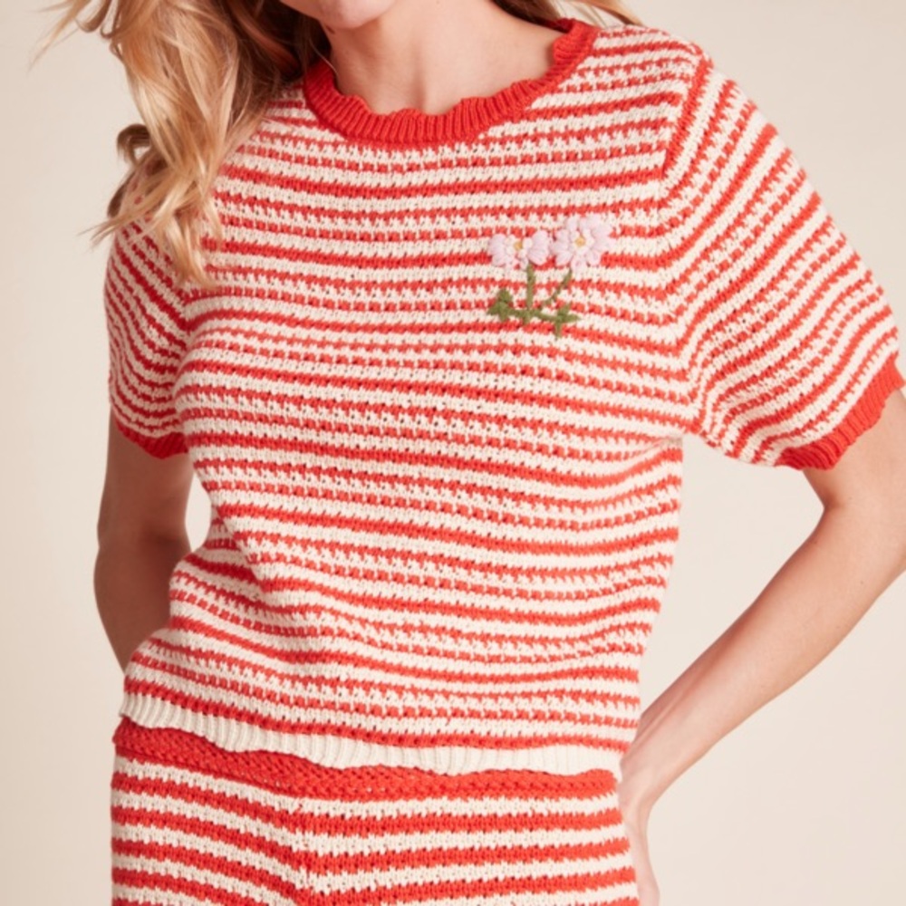 Trovata Red and White Striped Knit Top with Floral Embroidery